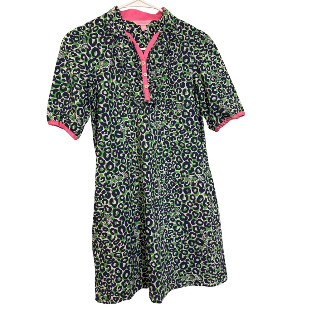 Lilly‎ Pulitzer Girls Dress Green Leopard Print Ruffle Trim Pink Accents Size 14